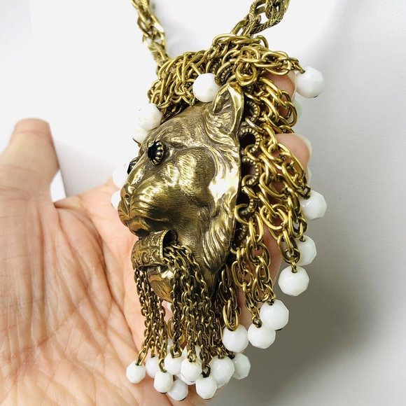 Majestic Gold and White Lion Necklace - Picture 5 of 10